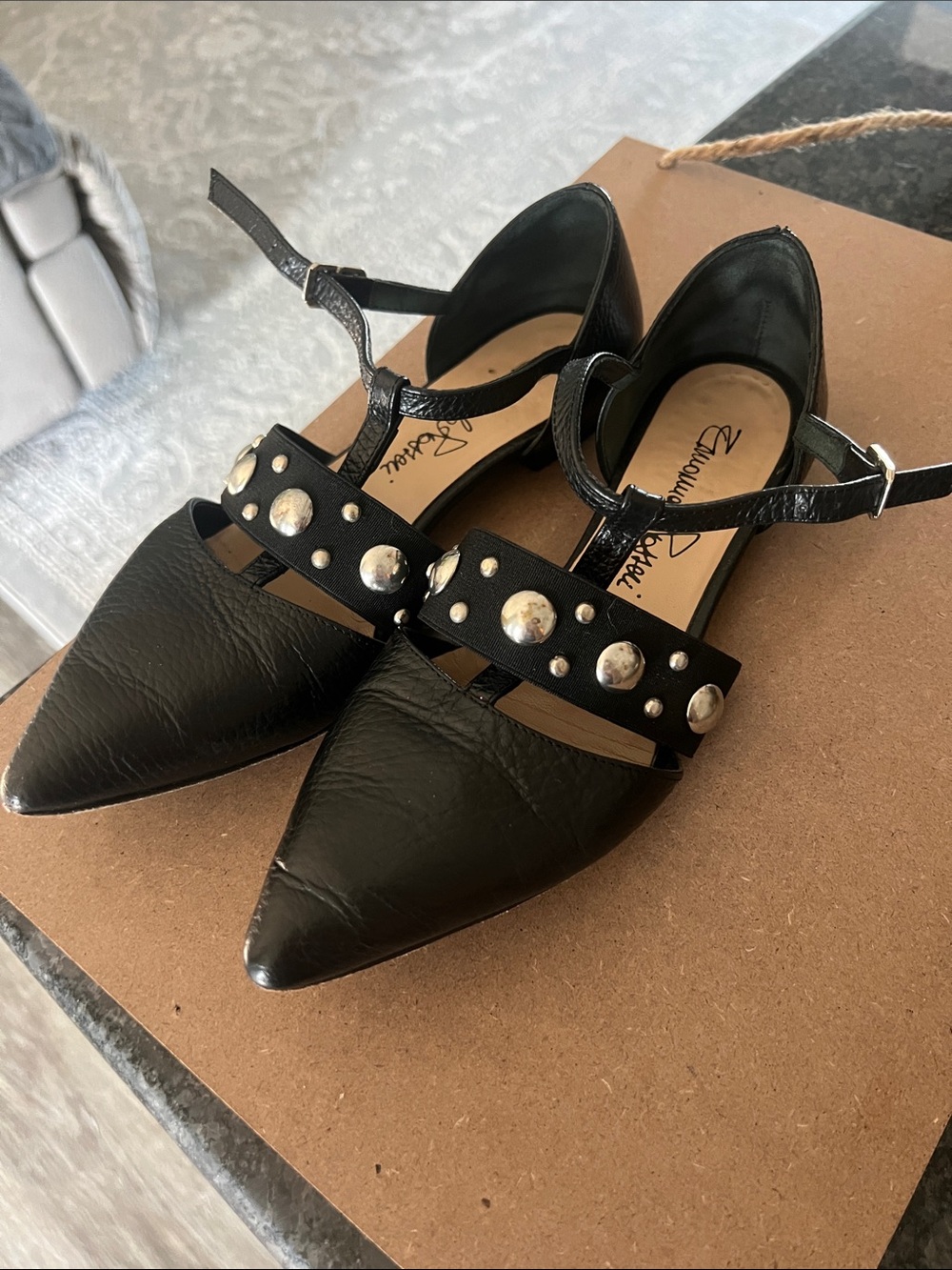 Black Studded Pointed Toe Ankle-Strap Flats - Unknown Brand